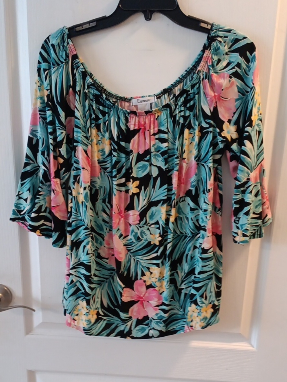 Expressions Black Floral Off-Shoulder Tunic with Teal and Pink Leaves